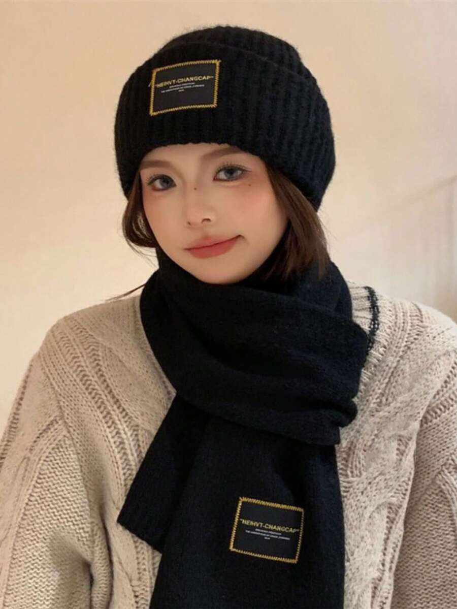 女士冬季围巾两件套 - 黑色羊毛帽、大头针织帽、保暖帽、保暖围巾 - 彩色 - 查看 1