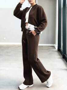 Women's Casual Solid Color Zip-Up Cardigan And Straight Leg Pants Set, Fashionable And Versatile For Daily Wear, Autumn/Winter Spring - Brown - View 11