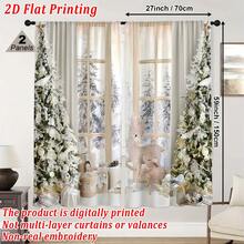 2pcs Christmas, Christmas Tree, Reindeer Plush Decor, Flat Print Voile Curtains, Rod Pocket Top, Quality Polyester Fabric, Thick & Durable, Washable, Fade-Resistant, Warm & Cute Christmas Home Decor, Suitable For Bedroom, Living Room, Kitchen, Office, Party