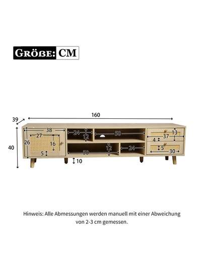 High End 160cm Rattan TV St In Wood Finish 70 Inch TVs Cable Management, Drawers, Door, Unit, Base Living Room Furniture, Low view 10
