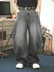 YANGCANREN 男士宽松休闲百搭阔腿牛仔裤，带口袋 - 灰色 - 查看 1