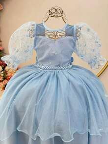 Vestido Infantil Azul Bebe Busto C/ Renda Daminhas Festas Luxo