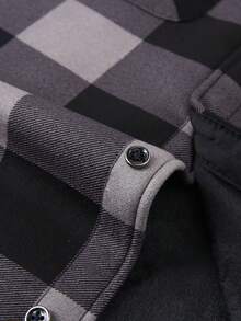男士格子纽扣领长袖衬衫，带胸袋，常规版型，保暖内衬衬衫 - 深灰色 - 查看 6