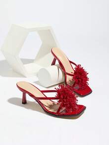 Women's Fashionable 3D Coral Tassel Floral Sexy Criss-Cross Strap Square Toe Kitten Heel Slip-On Sandals, Solid Color Glossy Texture Comfortable Material, Suitable For Spring/Summer Nightclub, Party, Travel, Shopping, Gathering, Wedding, Commuting, Elegant Luxury Style, Romantic Rose Red High Heels - Rose Red - View 6