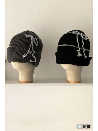 Bow-Tie Knitted Ear Warmer Hat For Women, Autumn/Winter, Versatile, Large Head Circumference, Warm Knit Cap, Cute Bow Decor, Blended Yarn, Beanie With Bow, Small Face Flattering