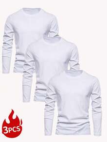 3pcs Men's Solid Color Crew Neck Long Sleeve T-Shirts, Spring/Autumn Daily Versatile Base Layer Tops - White - View 2