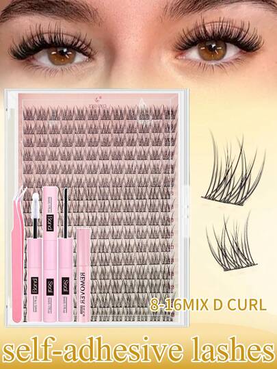 120片自然逼真假睫毛套装 - D型卷翘蓬松假睫毛，黑色单簇假睫毛，适合DIY，包含睫毛胶、镊子和家用配件