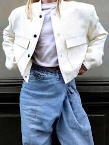 Women's White Knitted Fabric Baseball Collar Long Sleeve Short Jacket, Versatile And Fashionable, Suitable For Daily Wear - White - View 6