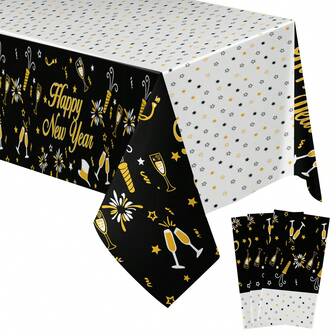 3 件装 1 件 2026 新年快乐桌布 54 x 108 英寸 塑料一次性黑金桌布横幅 适用于 2026 新年快乐派对、生日、户外、节日装饰背景主题装饰用品