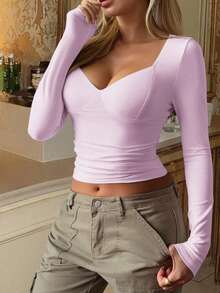 GLAMSKIN Women's Autumn Solid Color Sweet Square Neck Long Sleeve Knit Cropped Top, Sexy Slim Fit Basic T-Shirt, Back To School, Outing, Daily Streetwear - Light Pink - View 8