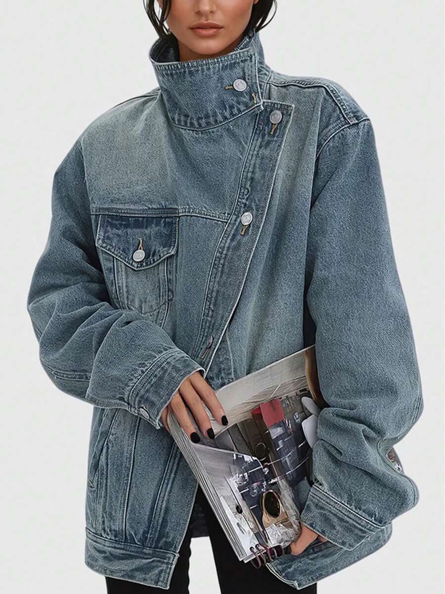 Women's Vintage Washed High Neck Asymmetric Button Loose Denim Jacket, Street Style Fashion Versatile Jacket Top, Suitable For Spring, Autumn And Winter Seasons - 淺藍色 - 查看 1