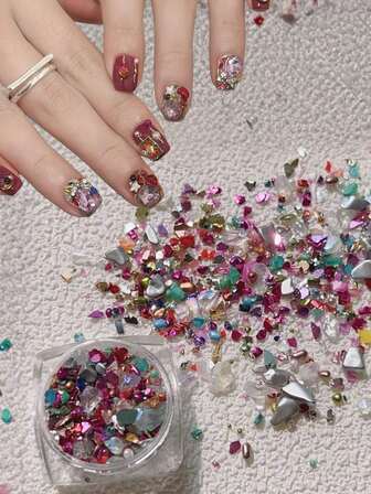 1件彩色碎石和银珠美甲装饰，简约3D不对称多色水晶石高品质美甲饰品材料，适用于美甲设计、美甲宝石、DIY美甲