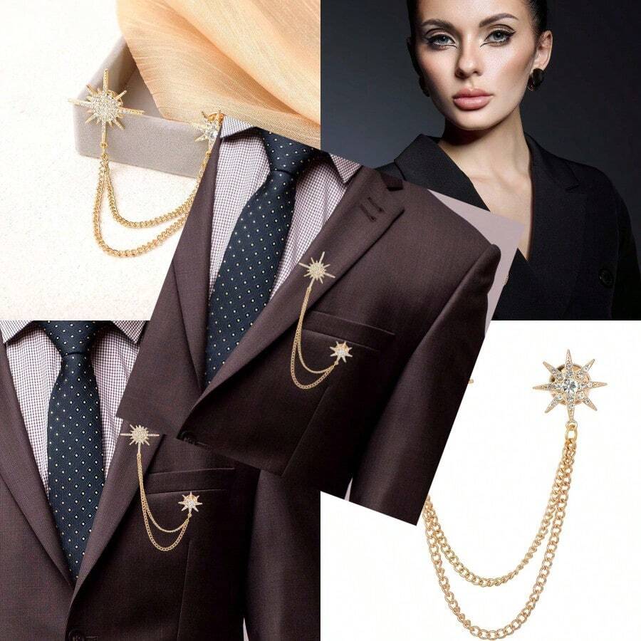 Silver Rhinestone Star Brooch For Women Crystal Snowflake Brooch Lapel Pins Fashion Broach Pin Dress Suit Accessories With Tassel Chain Clothing Clip Broach For Women Men - Vàng - Xem 1