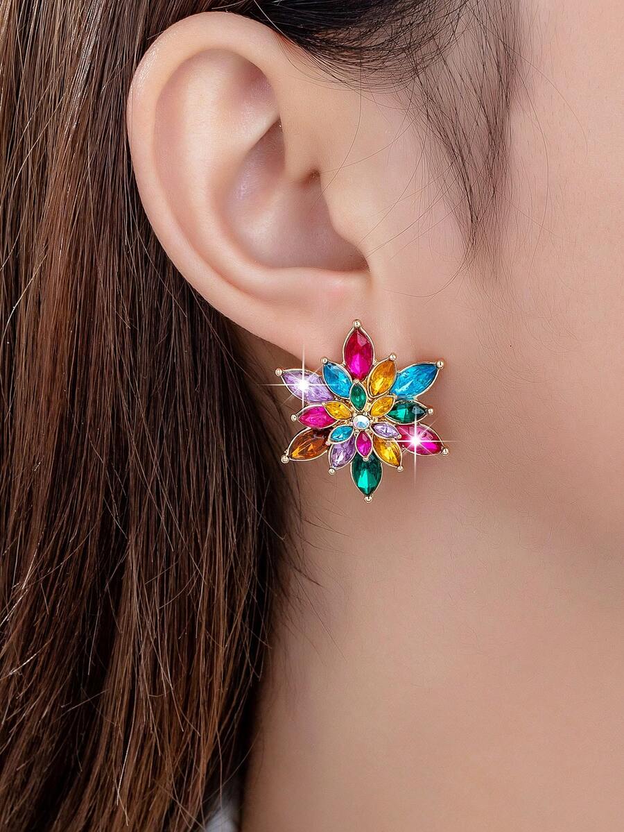 1 Pair Luxurious Multilayer Crystal Colorful Flower Earrings, Fashionable Accessory For Party, Daily Wear, And Dates - Multicolor - View 1