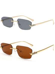 2副多边形小框多功能个性化女士时尚眼镜，时尚独特，适合旅行和海滩佩戴 - 2pcs+黑色+茶色 - 查看 4