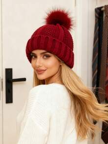 Women's Winter Beanie Hat With Satin Lining And Faux Fur Pom-Pom, Warm Knitted Hats For Women In Winter - Multicolor - View 4