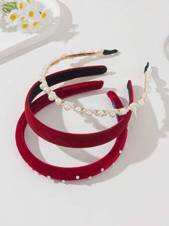 3 piezas Diademas de moda elegantes de terciopelo con perlas, diademas de poliéster retro sólidas, adecuadas para todas las estaciones
