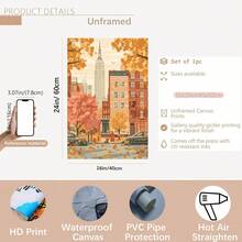 Imprimeu artistic pe pânză cu orizont de toamnă vintage din New York City, 1 buc - Poster decorativ de perete plat, neînrămat, cu frunziș de toamnă și nuanțe calde de portocaliu, pentru sufragerie, dormitor, birou - Ziua Recunoștinței, Halloween, idee de cadou de Crăciun, decor de perete metalic, decorațiuni pentru cameră, artă murală pe pânză mare, artă murală din tablă, decorațiuni pentru casă, cumpărători de sărbători, decoratori de casă, 2D plat, perfect pentru decorul camerei