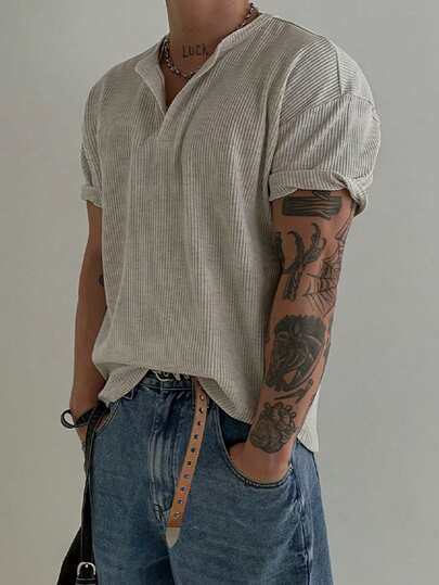 Camiseta de manga corta con cuello Henry y textura de gofre para hombres, ligera y transpirable, estilo minimalista americano, para todas las estaciones