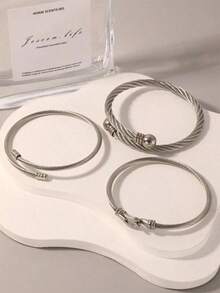 3pcs Chic Cold-Toned Stainless Steel Twisted Bangle Bracelets Women - Bạc - Xem 3