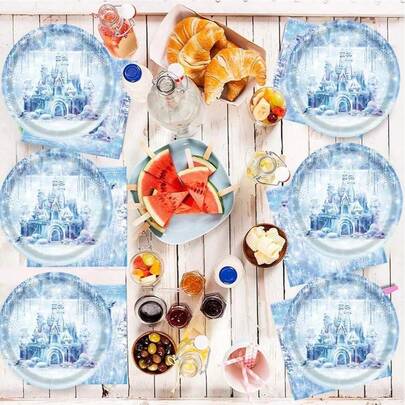 10 piezas/20 piezas/50 piezas/Set, Suministros para fiesta de cumpleaños de Frozen, vajilla desechable de invierno con copos de nieve de 9 pulgadas y 7 pulgadas, platos, servilletas, vasos para 10 personas, decoraciones de mesa para fiesta de bautizo, cumpleaños o Navidad del castillo de hielo