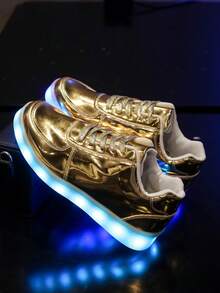 USB充电式LED 16种模式彩色灯光休闲运动鞋，男女通用，发光运动鞋，适合荧光舞蹈、街舞、夜店等场合，成人款，纯色平底鞋，切尔西靴，金属色鞋款 - 金色 - 查看 5