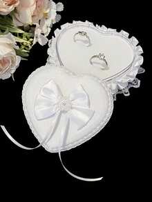 三件套婚礼配饰：白色缎面蕾丝蝴蝶结花篮+戒指枕+吊袜带，优雅装饰新娘和花童婚礼仪式 - 彩色 - 查看 13