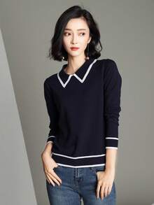 Plus Size Women Elegant Sweater, Fashionable Collar And Long Sleeves, Ribbed Knit Design With Contrasting Trim, High Stretch Fabric, Comfortable And Fitted, Perfect Regular Length - Royal Blue - View 8