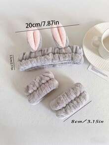 3pcs/Set Cute Rabbit Ears Bathroom Face Washing Set, Soft Plush Cosmetic Headband And Scrunchies, Headband With Ears, Makeup Accessory Set,Face-Washing Tools Are More Effective When Worn In Winter - Multicolor - View 4