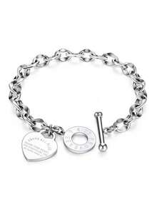 1pc Adjustable Women's Bracelet, Classic Heart Engraved Toggle Clasp Steel Chain, Stainless Steel Jewelry Gift For Valentines, Mother's Day, Christmas, Birthday, Anniversary, Party, Wedding, Daily Wear Fashion Accessories For Girls - 銀色 - 查看 1
