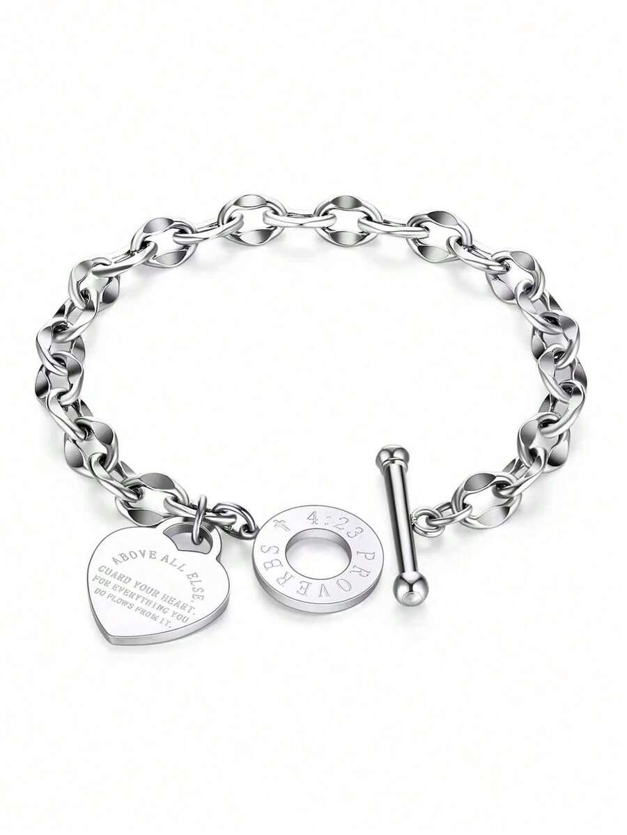 1pc Adjustable Women's Bracelet, Classic Heart Engraved Toggle Clasp Steel Chain, Stainless Steel Jewelry Gift For Valentines, Mother's Day, Christmas, Birthday, Anniversary, Party, Wedding, Daily Wear Fashion Accessories For Girls - 銀色 - 查看 1