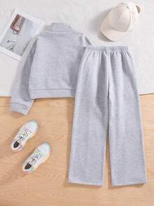 两件套少女休闲蝴蝶印花落肩圆领长袖卫衣长裤套装，保暖连帽衫和长裤，秋冬季