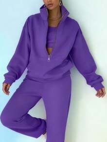 Inspired By Sporty And Casual Style, This Stylish Two-Piece Set Features A Zip-Up Long-Sleeved Sweatshirt And Elastic-Waist Trousers, Perfect For Women's Everyday Autumn And Winter Wear. - 紫色 - 查看 4
