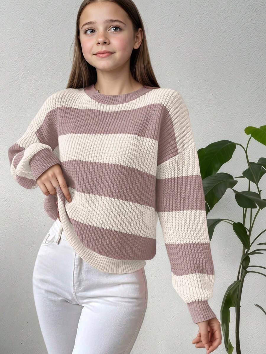 1pc Girls Casual Thick Pullover Sweater, Comfortable Student Knitwear For Autumn/Winter - Striped Sweater, Soft & Comfortable Solid Color Sweater - Perfect For Warm Days And Cold Nights - Apricot - View 1