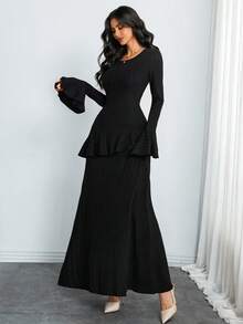 女士性感、优雅、复古、现代花瓣袖连衣裙，不对称弹力丝绒面料，A字裙摆，适合通勤或假日派对穿着，黑色 - 黑色 - 查看 4