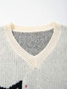 Autumn Winter Funny Cat Jacquard Embroidered Letter V-Neck Sleeveless Vest, Minimalist College Style Casual Loose Fit Unisex Knitted V-Neck Pullover Sweater Top - Apricot - View 4