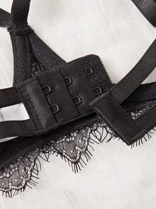 Black Lace Eyelash Splice Foldable 3D Mesh Sexy Lingerie Set For Women - Black - View 6