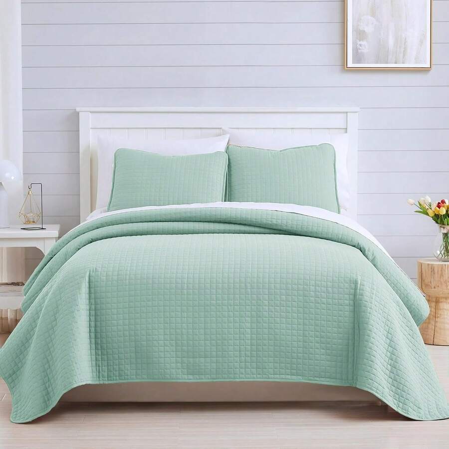 Full/Queen Quilt Bedding Set, Microfiber Quilts Queen Size, Coverlet, Stain & Pet Hair Resistant Bedding, Full Size Bedspread With 2 Pillow Shams, Bone, 2025 - 04 - 藍色 - 查看 1