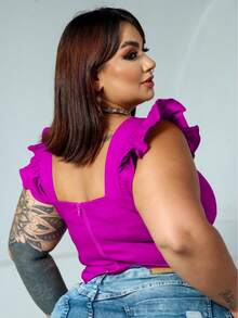 Women's Summer Plus Size Cropped Blouse With Ruffled Sleeves, Button Detail, Back Zipper, Curve Look, Sizes 44 To 54 - Rose Red - View 2