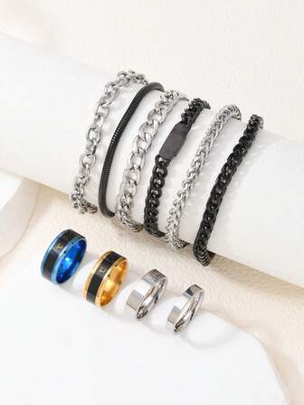 10件套简约不锈钢手链戒指套装，个性化珠宝，男女皆宜，适合日常、休闲、派对、情侣、节日、生日、周年纪念等场合佩戴。