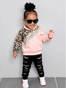 Baby Girls Leopard Print Patchwork Graphic Long Sleeve Top + Leopard Print Pants 2pcs Set - Pink - View 4