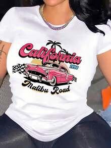 Camiseta de Mujer con Estampado de Palmera de California y Coche de Carreras Rosa - Blusa Casual de Manga Corta y Cuello Redondo, Lavable a Máquina, Apta para Todas las Estaciones, Ideal para Looks de Playa, Eventos de Carreras y Atuendos Informales - Blanco - Ver 2