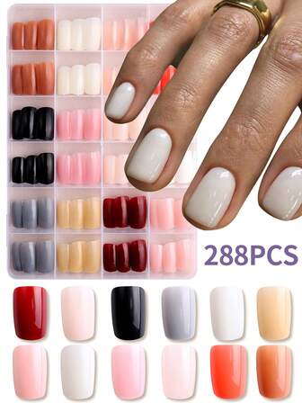 288 Pieces Short Square Acrylic Press On Nails, Full Coverage, Glossy, Medium Size, Women's Push-On Artificial Fake Nail Pieces, 12 Colors Available, For Women And Girls' Daily Life And Parties