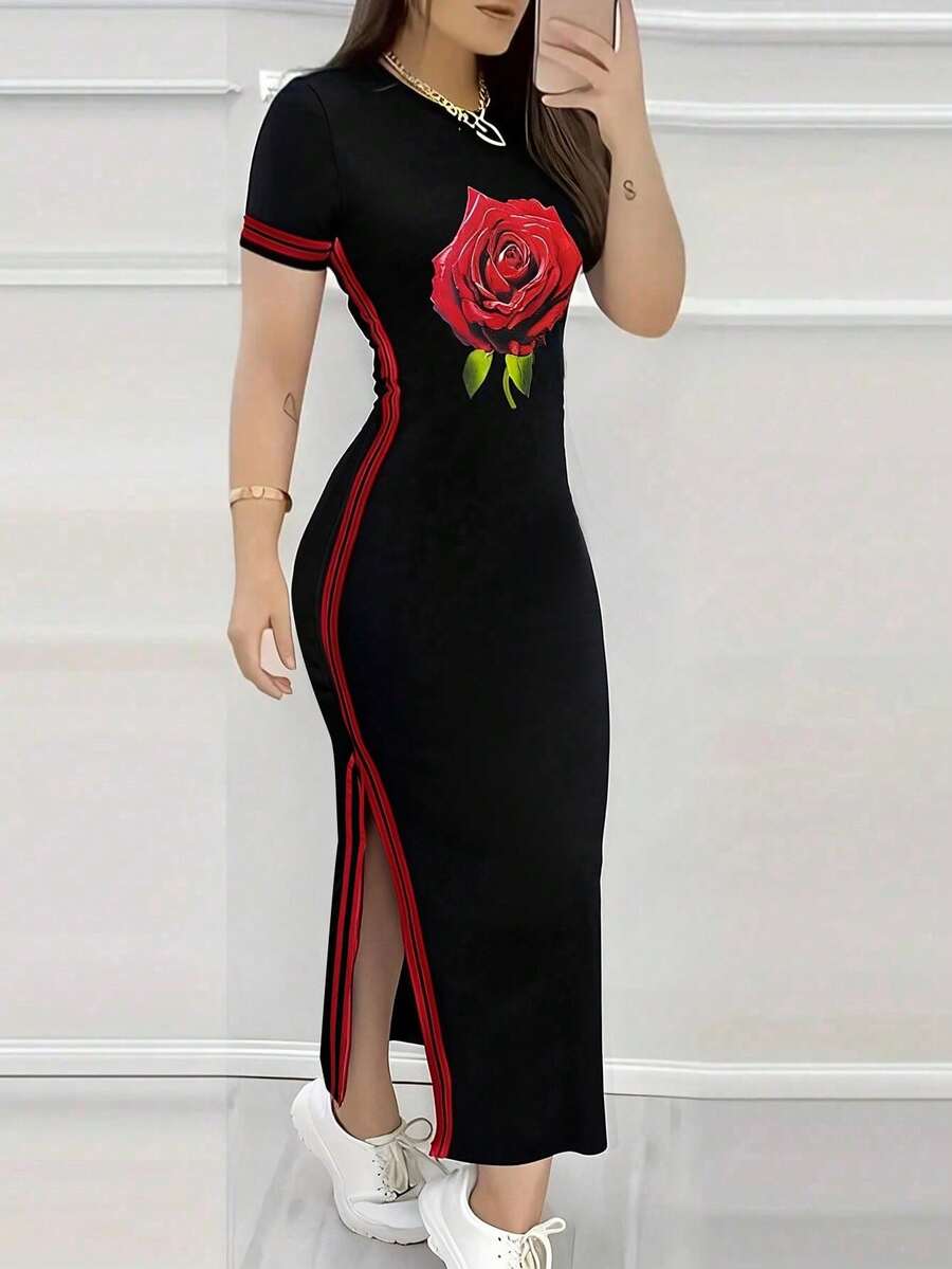 女士时尚玫瑰印花侧开衩修身休闲连衣裙