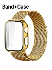 2-In-1 Band And Case, Gold Color, Compatible With Apple Watch. Soft And Breathable Adjustable Stainless Steel Band Paired With A Magnetic Band, And A Shockproof And Scratch-Resistant Hard PC Hollow Case. Compatible With Apple Watch Series Ultra/11/10/9/8/7/6/5/4/SE, Sizes 40/41/42/44/45/46/49mm. Comfortable To Wear With Excellent Feel. Suitable For Both Men And Women. - Gold - View 2