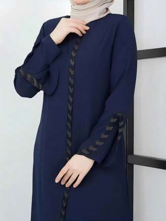 Navy Blue Elegant European & Middle Eastern Style Women Long Robe, Sapphire Blue Robe With Zipper, Rhinestone Embellished Long Sleeve Luxurious Abaya Jalabiya