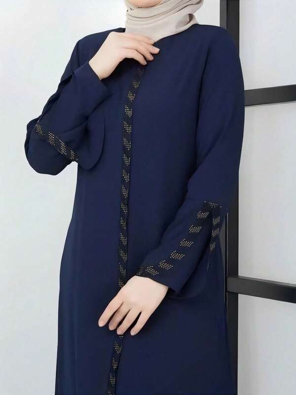 Navy Blue Elegant European & Middle Eastern Style Women Long Robe, Sapphire Blue Robe With Zipper, Rhinestone Embellished Long Sleeve Luxurious Abaya Jalabiya
