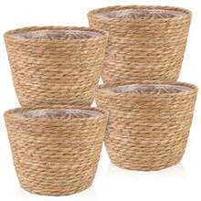 4 Pcs Large Premium Seagrass Planter Basket With Plastic Lining For Indoor Outdoor Plants Natural Stylish Woven Wicker Baskets With Protective Liner Ideal For Flower Pots Cover And Room Decor Dimensions 10.2x7.5x7.5 Inches - tự nhiên - Xem 1