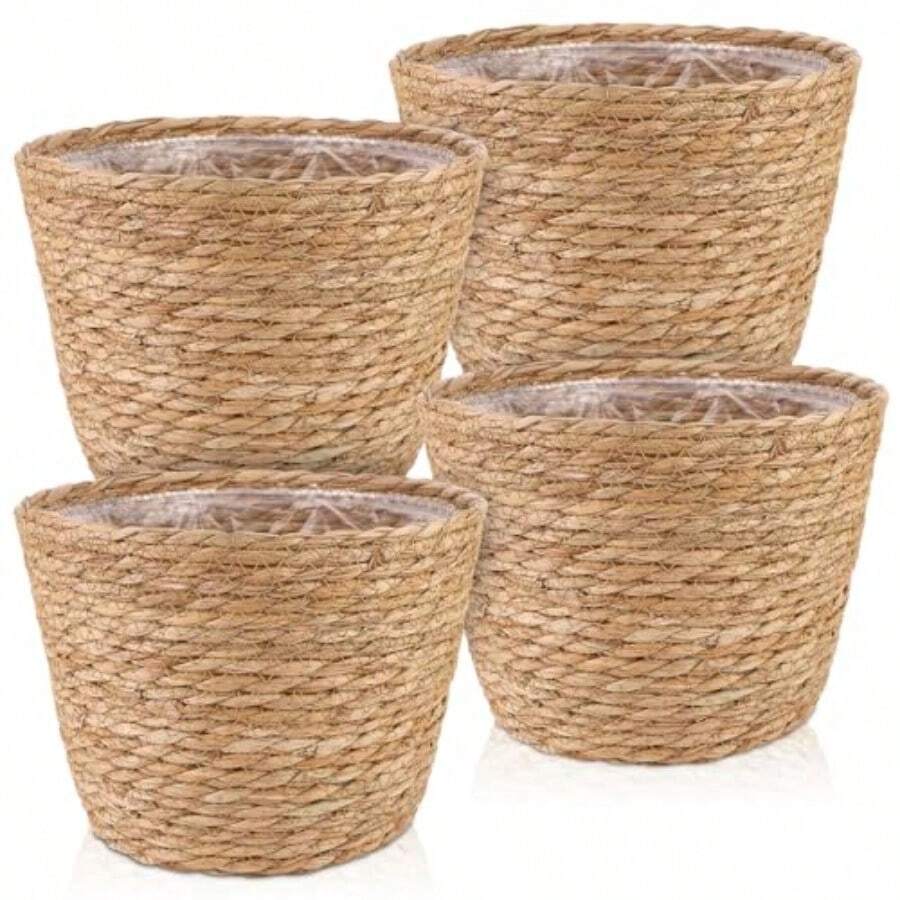 4 Pcs Large Premium Seagrass Planter Basket With Plastic Lining For Indoor Outdoor Plants Natural Stylish Woven Wicker Baskets With Protective Liner Ideal For Flower Pots Cover And Room Decor Dimensions 10.2x7.5x7.5 Inches - tự nhiên - Xem 1