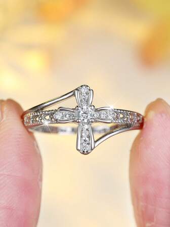 1 Piece S925 Sterling Silver Round Cross Ring With White Zirconia, Elegant Religious Inspired Jewelry For Women, Perfect For Daily Wear & Gift Giving.